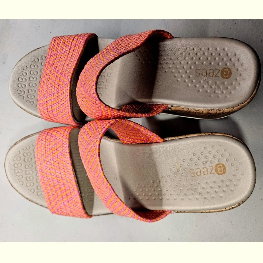 Bzees Sz 9 Double Strap Cork Wedge Sandals Red Orange Stretch Woven Comfort #374
